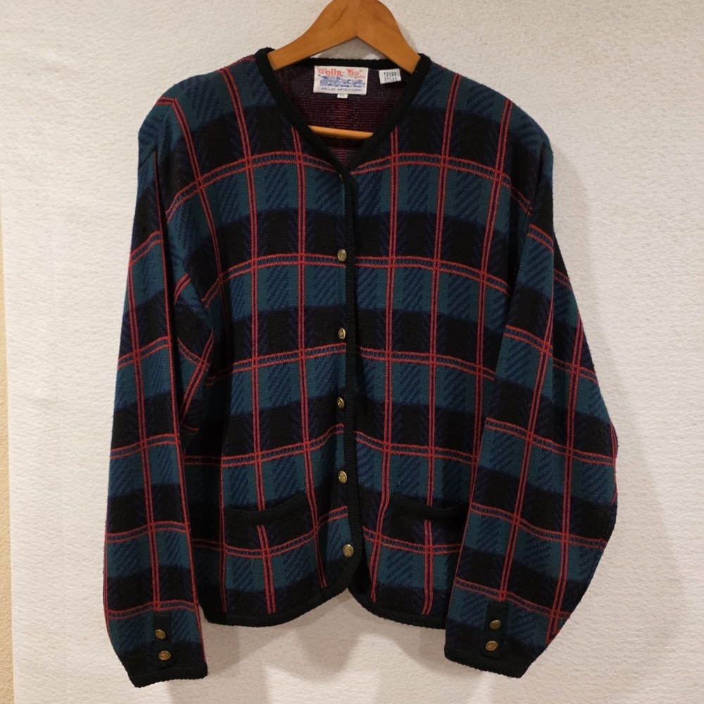 VTG Tally-Ho XL Red Green Plaid Cardigan Sweater‎ Preppy Academia Red Green Blue